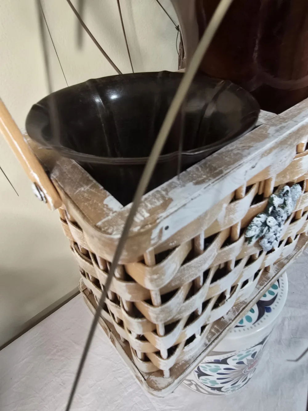Rustic Distressed Wooden Double Basket Planter / Storage Caddy with Handle